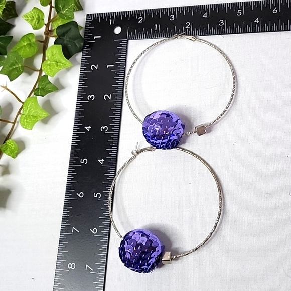 Large Silver Statement Hoop Earrings with Lavender Purple Sequin Disco Ball… - Picture 7 of 7